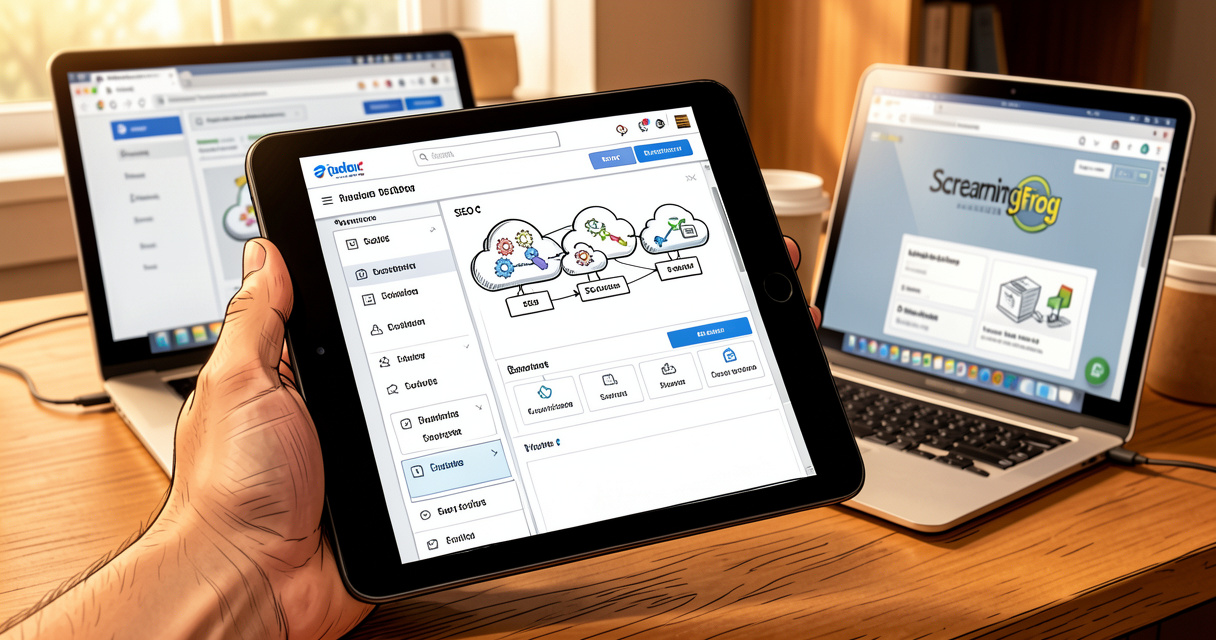 Tablet showing cloud SEO crawler dashboard next to laptop with Screaming Frog closed