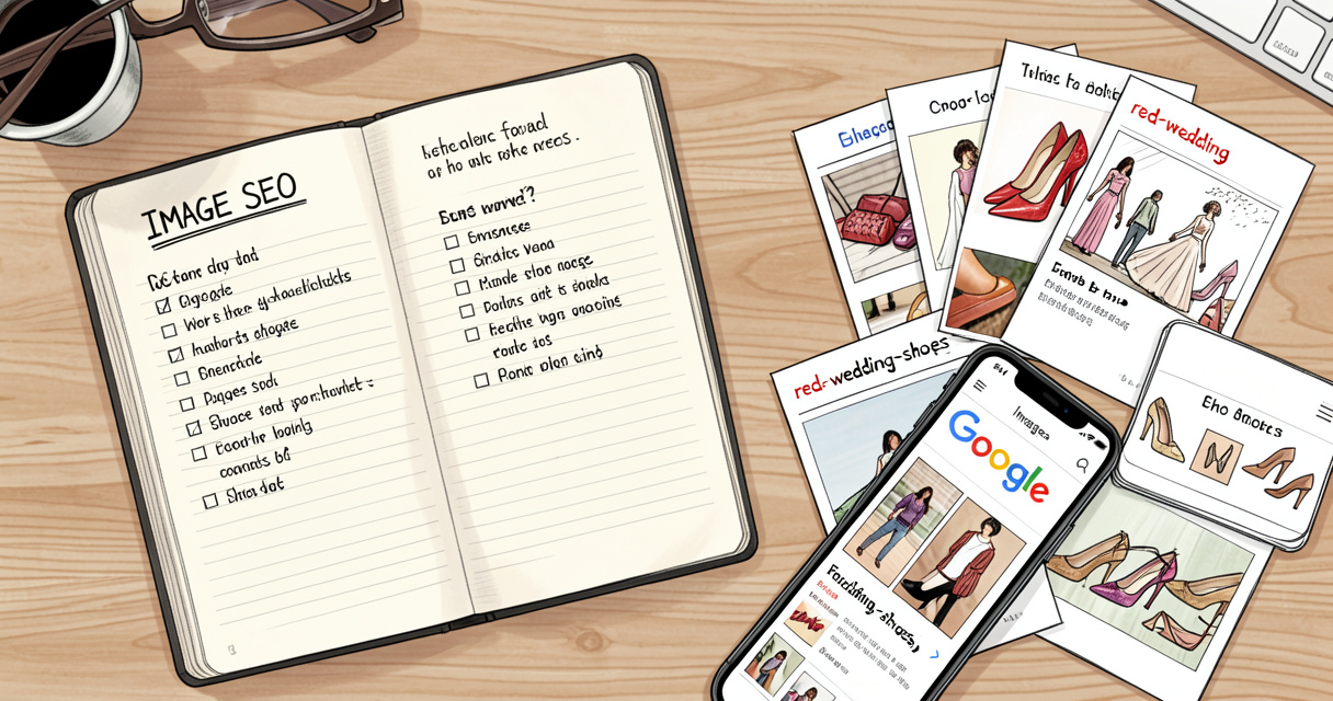 Desk setup with image seo checklist and smartphone showing google images
