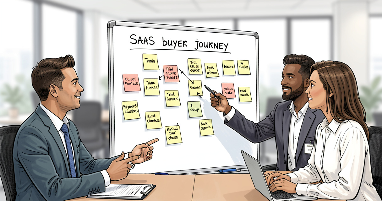 Marketing team brainstorming SaaS SEO strategy with buyer journey sticky notes on whiteboard