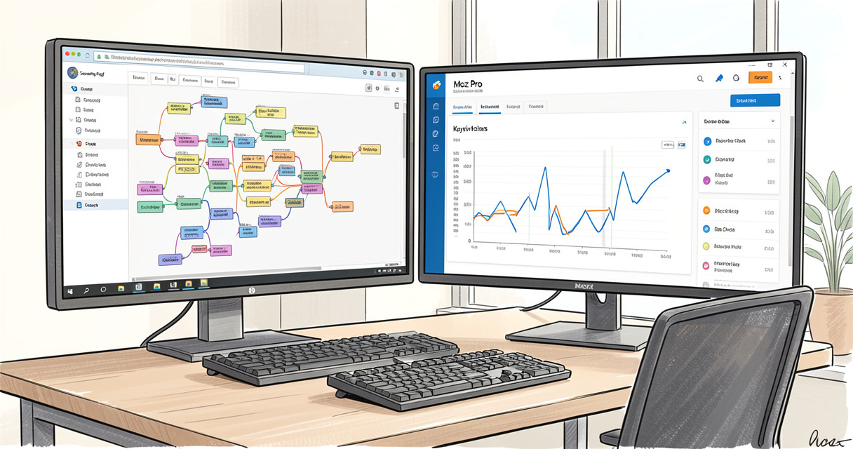 SEO professional comparing Screaming Frog crawl results and Moz Pro dashboard on dual screens