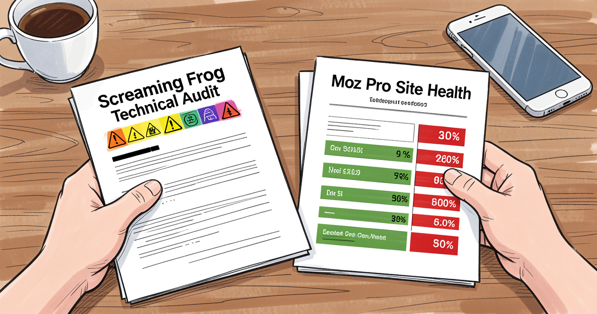 Printed technical audit reports from Screaming Frog and Moz Pro placed side by side on desk