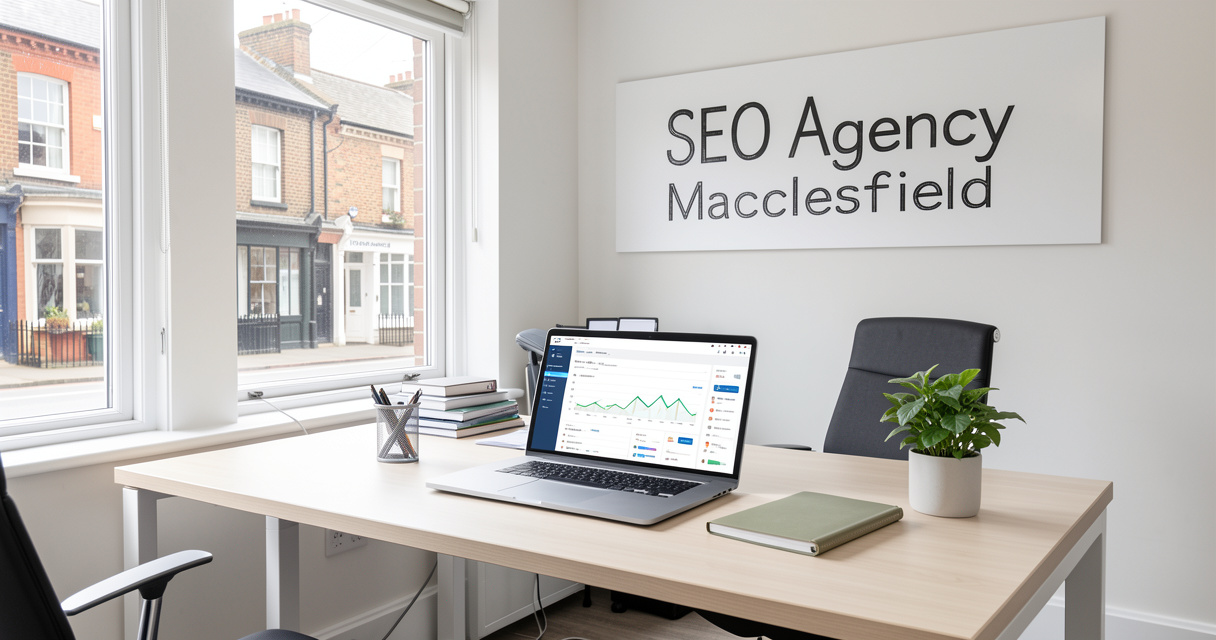 Modern SEO agency office in Macclesfield town centre with laptop and analytics dashboard