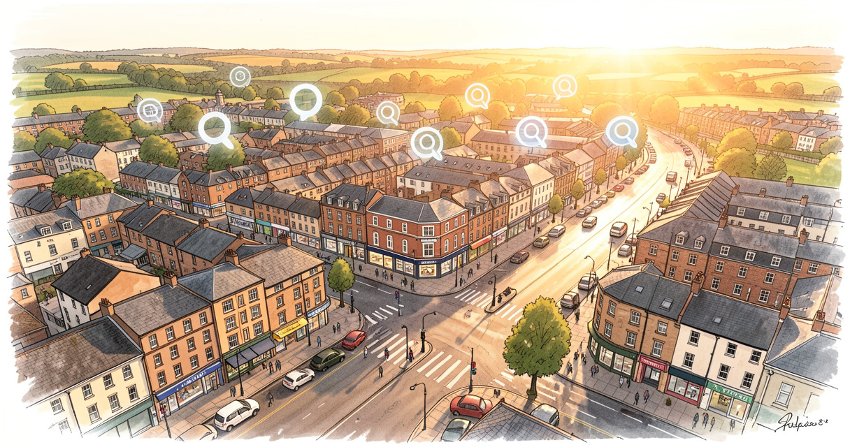 Aerial view of Macclesfield town centre with digital search icons symbolising local SEO success