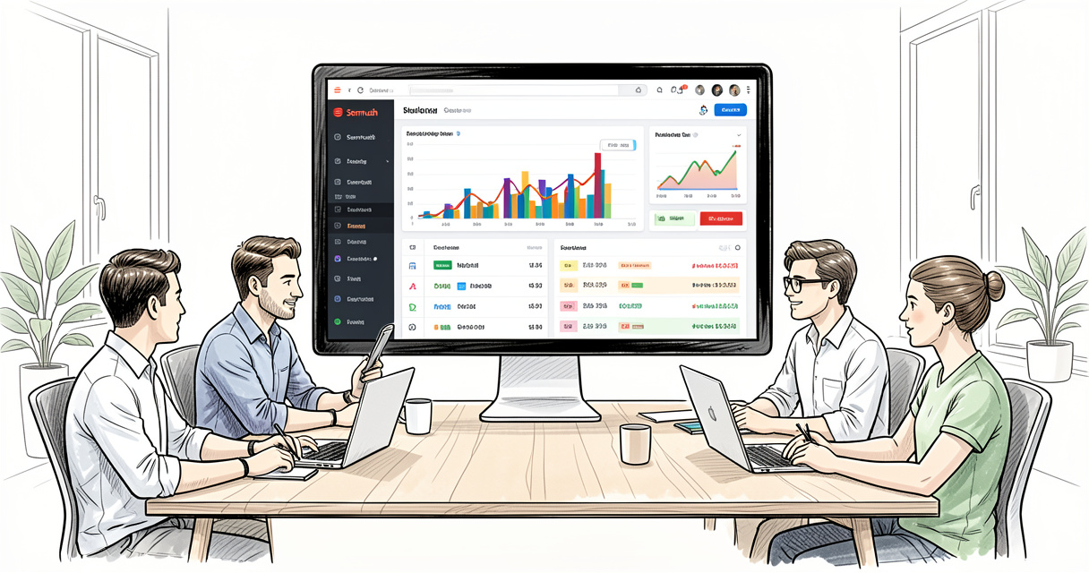 Semrush dashboard on big screen with marketing team analyzing keyword rankings and site audit reports