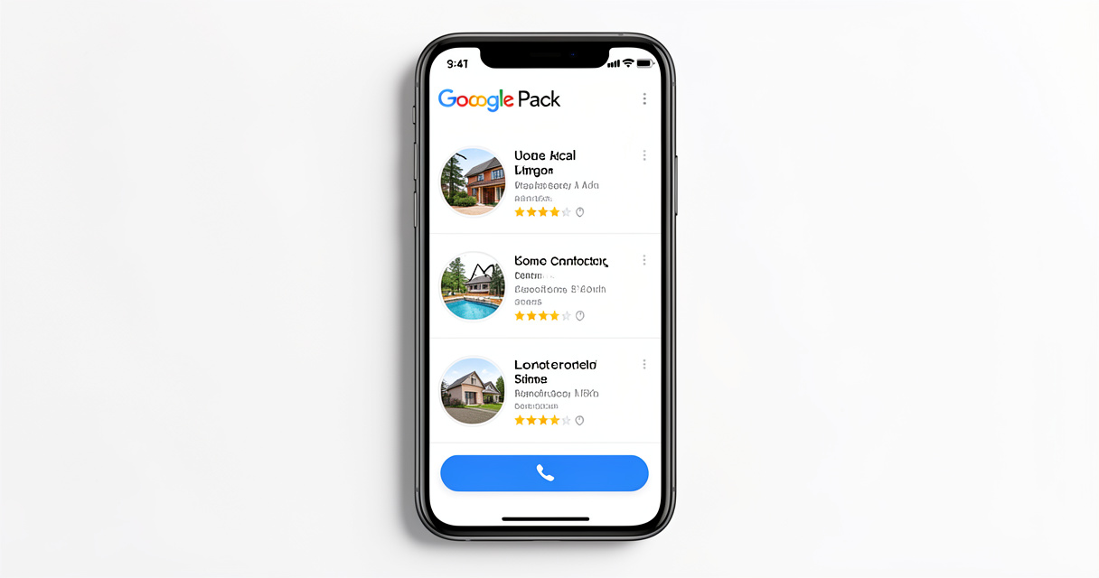 Smartphone displaying Google Map Pack with three local contractor listings for SEO visibility