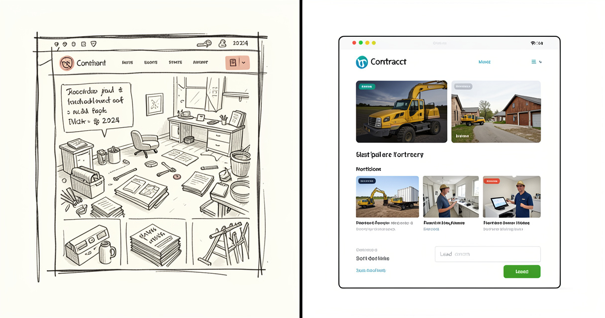 Split view comparison of outdated contractor website versus modern optimized site with portfolio and lead form