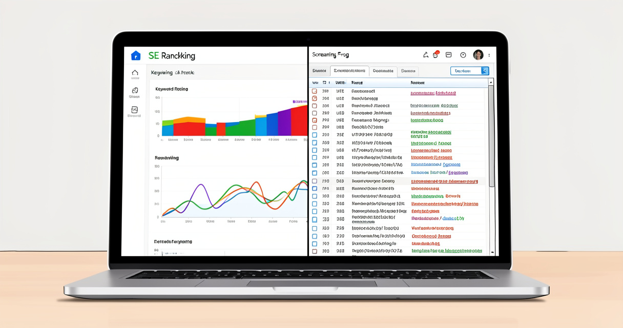 Split screen comparison of SE Ranking and Screaming Frog SEO tool interfaces on a laptop