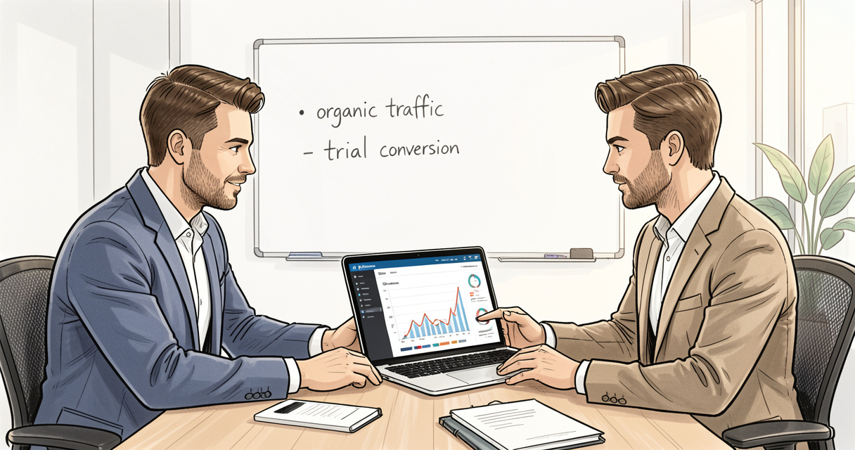 SaaS SEO expert and client reviewing analytics dashboard on laptop
