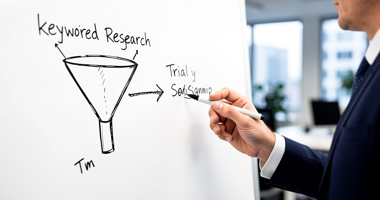 Hand pointing to SEO funnel diagram on whiteboard for SaaS growth strategy