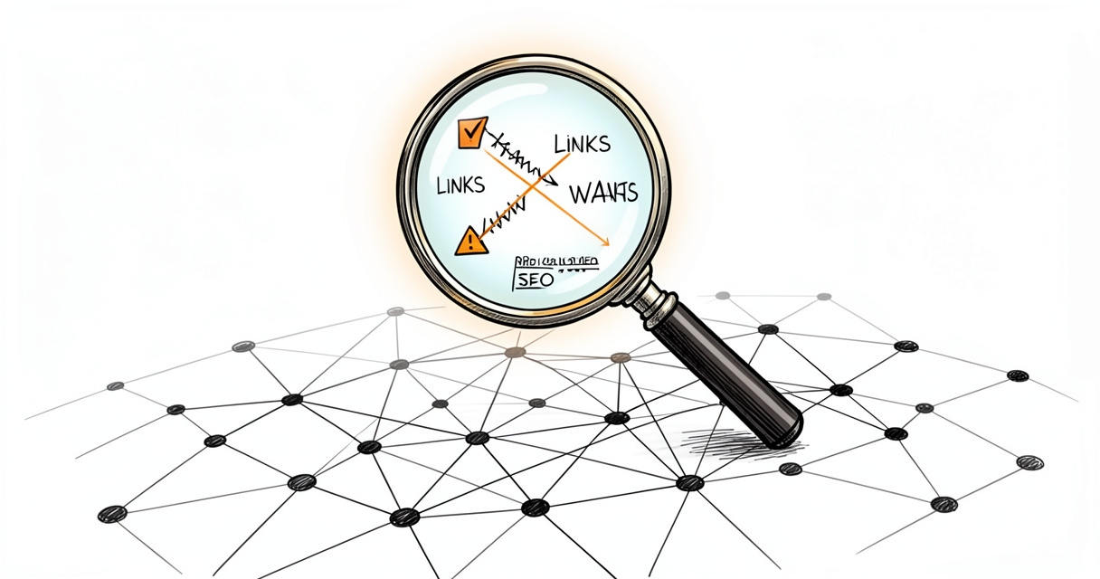 Magnifying glass revealing website crawler data and broken link analysis for SEO optimization