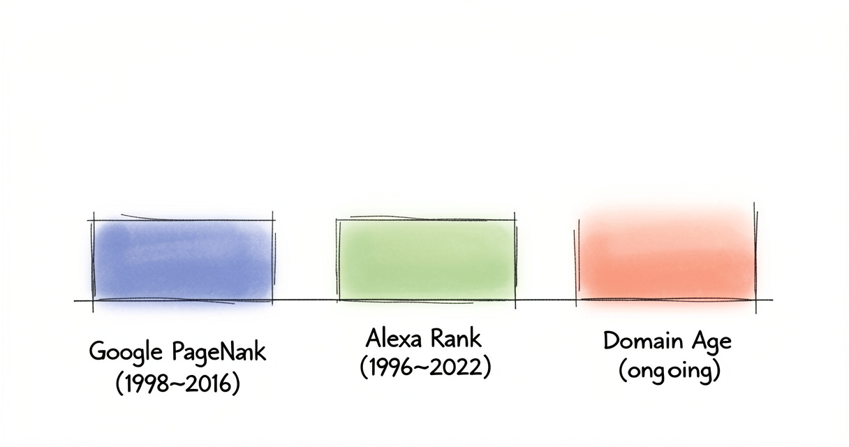 Timeline of Google PageRank, Alexa Rank and Domain Age metrics fading over years