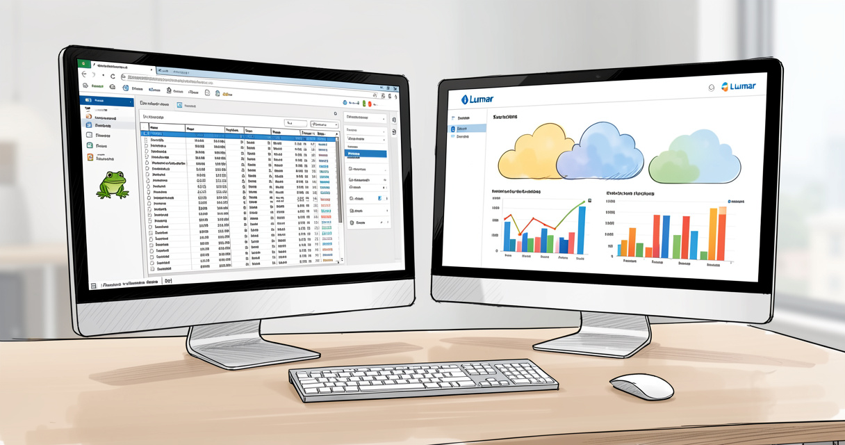 Desk setup with two screens comparing Screaming Frog desktop crawler and Lumar cloud dashboard interface for SEO compari
