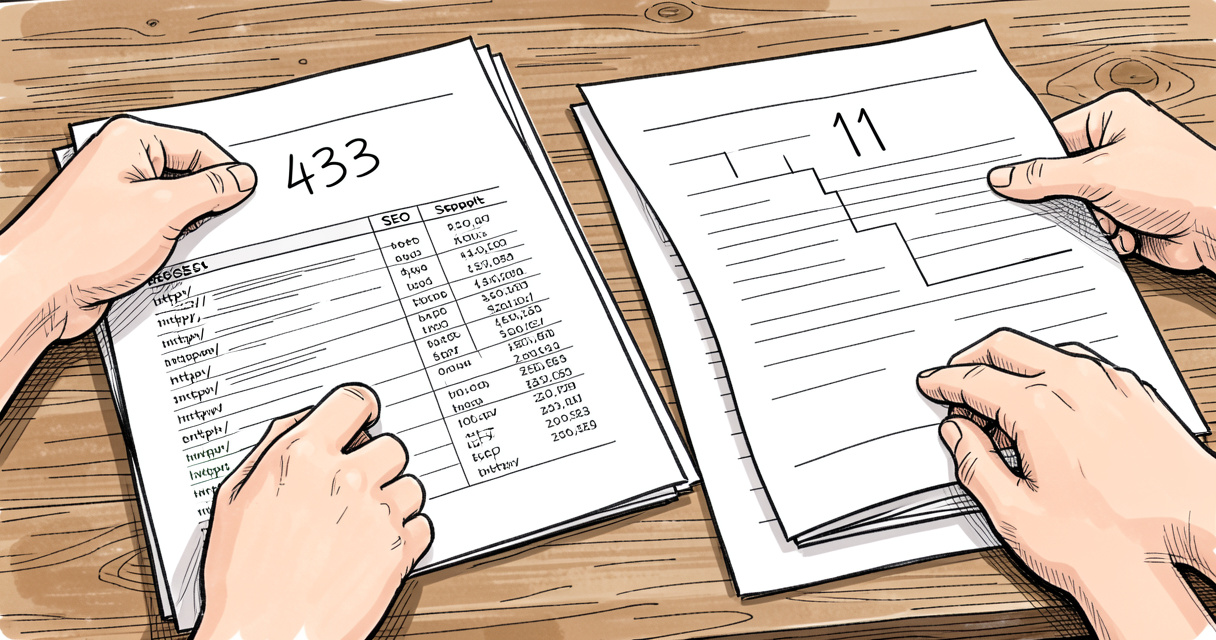 Hands comparing two printed SEO reports showing different crawl result numbers of 433 and 11 for same website audit