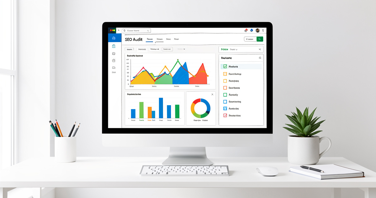 WooRank SEO audit dashboard on a monitor with colorful charts and checklist