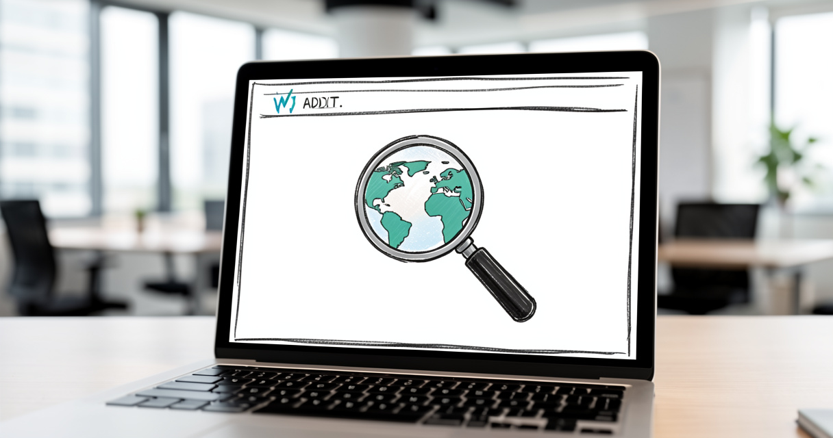 Laptop screen showing a website audit score with magnifying glass icon