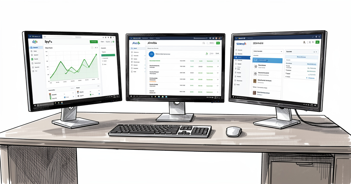 SEO tool comparison showing SpyFu Ahrefs and SEMrush dashboards on triple monitors