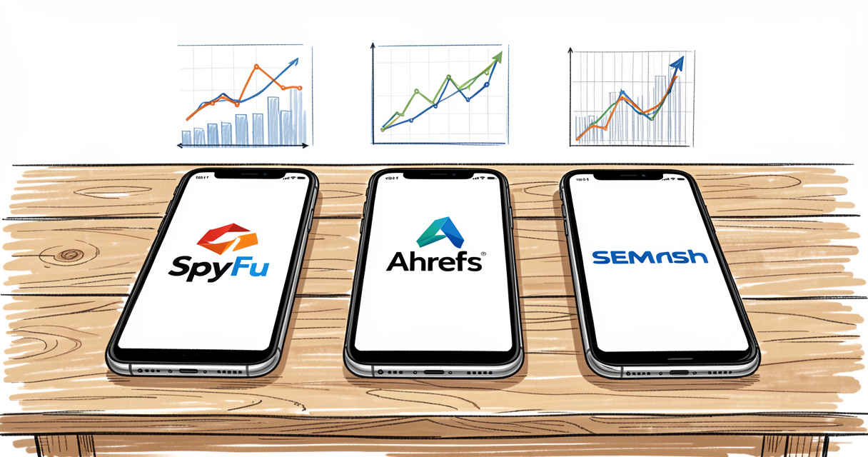 Three smartphones displaying SpyFu Ahrefs and SEMrush logos with data charts