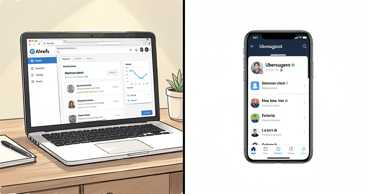 Ahrefs laptop and Ubersuggest phone showing SEO tool different user levels