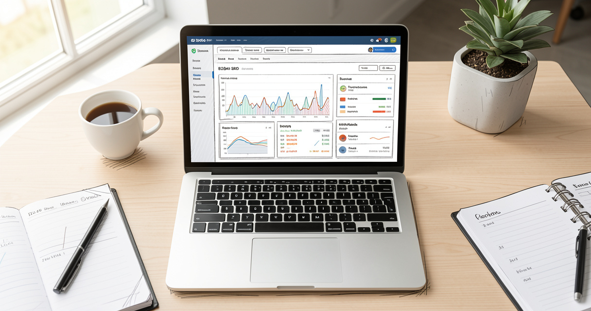 B2B SaaS SEO strategy dashboard on laptop with analytics and keyword rankings