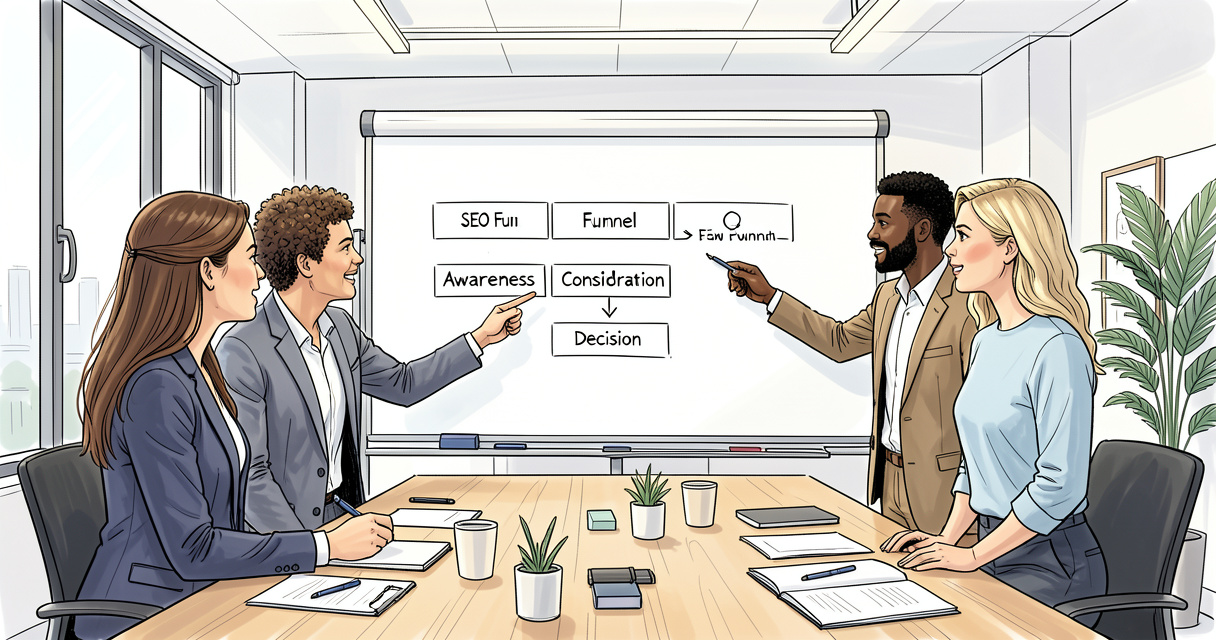 Marketing team discussing B2B SEO funnel stages on a whiteboard in a meeting