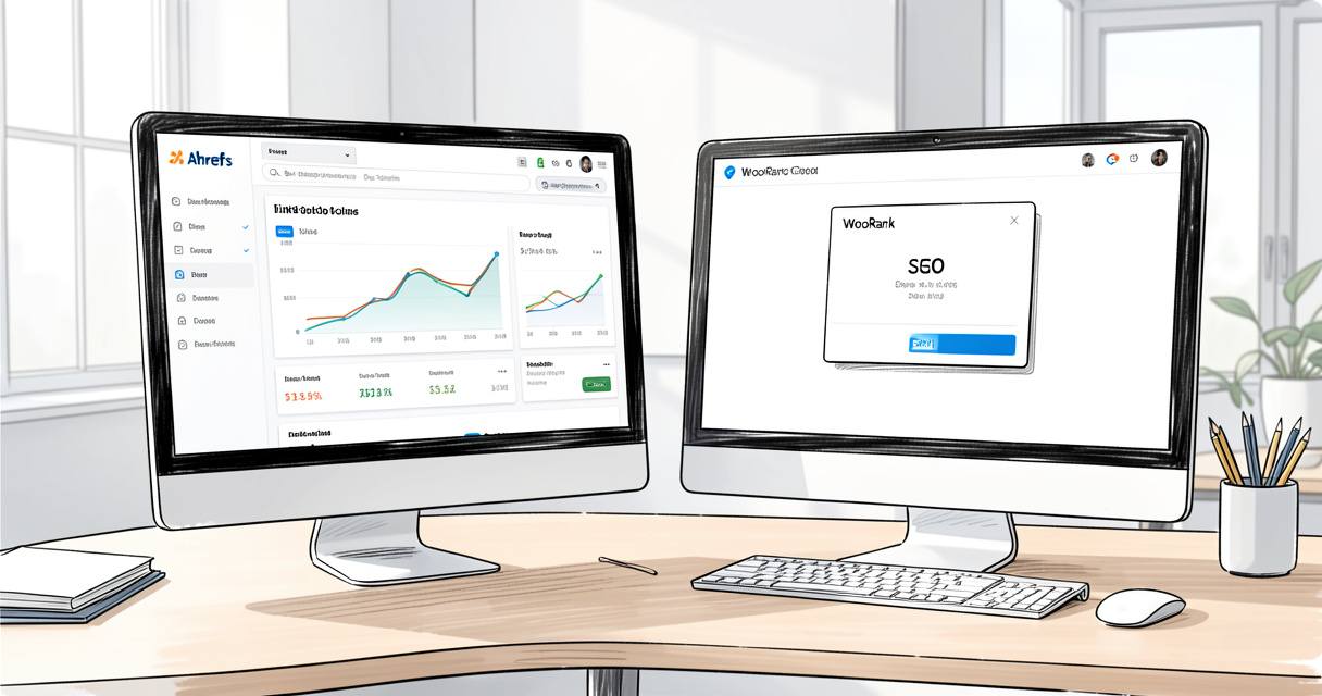 Ahrefs and WooRank dashboards compared side by side on dual monitors