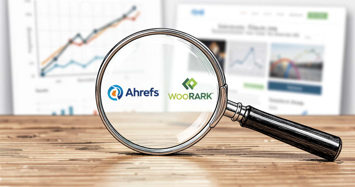 Magnifying glass over Ahrefs and WooRank logos highlighting SEO comparison