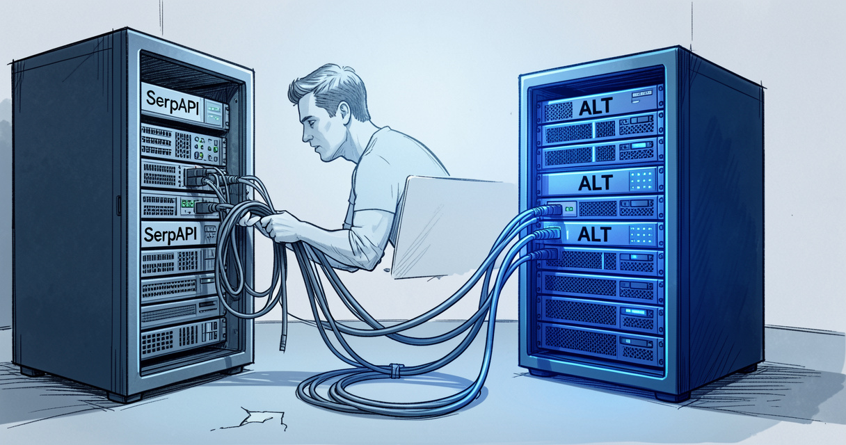 Developer switching from SerpAPI to a cheaper alternative server in a modern office setting