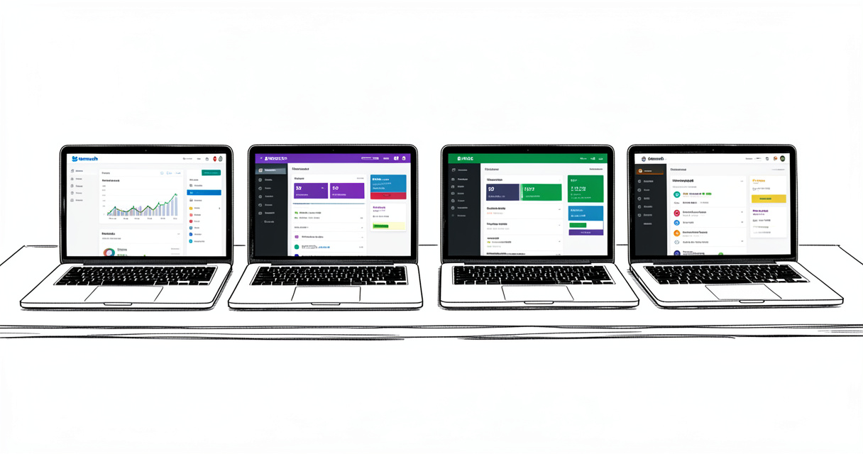 Four SEO tool dashboards displayed on laptops side by side in a modern office setting