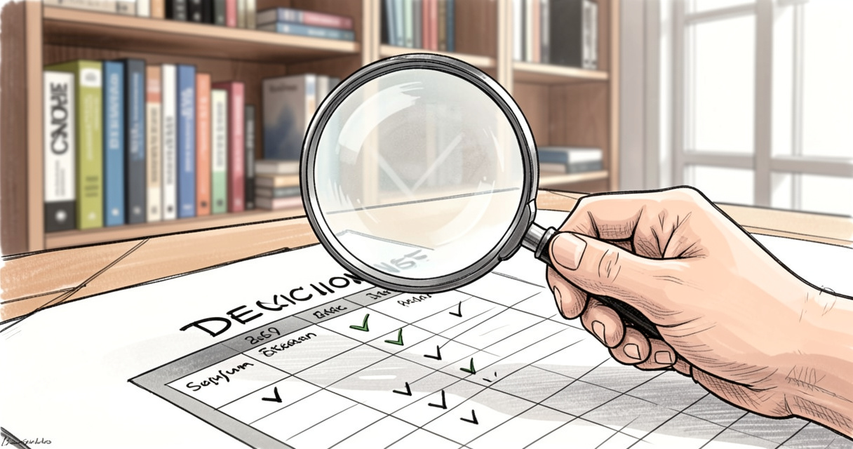 Hand inspecting a comparison matrix chart with a magnifying glass on a wooden desk