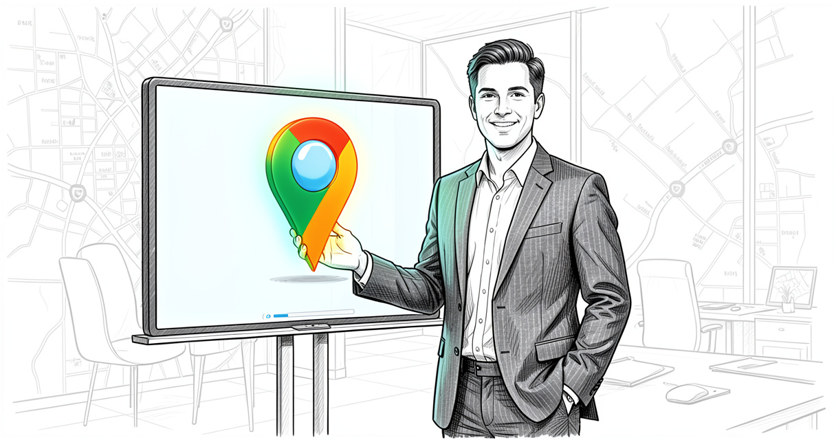 Business owner next to Google Maps pin symbolizing local SEO success and ranking improvement.