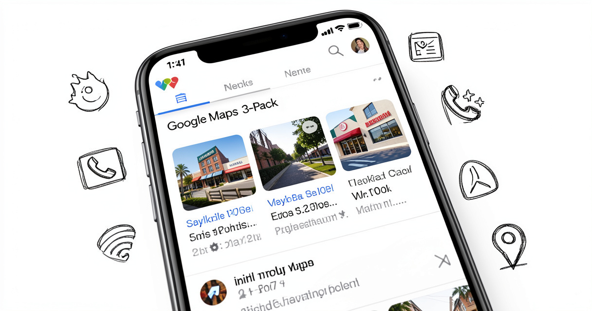 Smartphone showing Google Maps 3-Pack listings for local search results with review and direction icons.