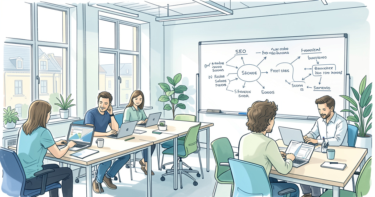Brighton SEO team collaborating in modern office with SEO strategy whiteboard