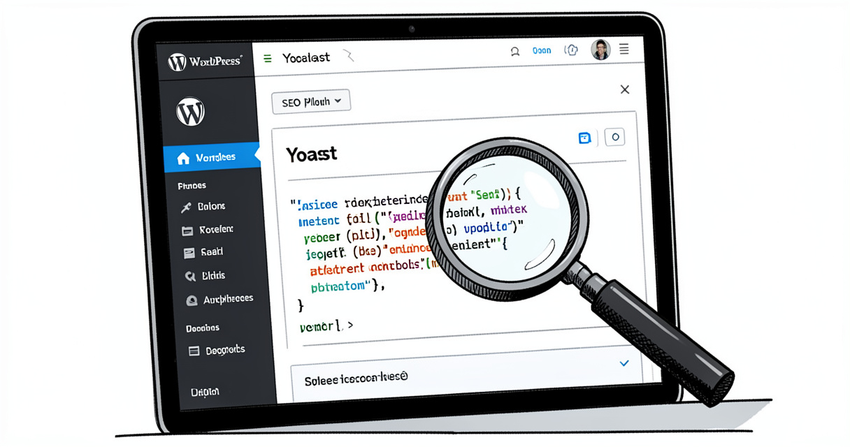 Close-up of WordPress SEO plugin settings on laptop with magnifying glass