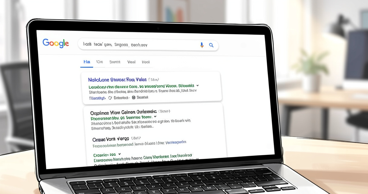 Google search results page on a laptop with local pack and organic listings blurred background