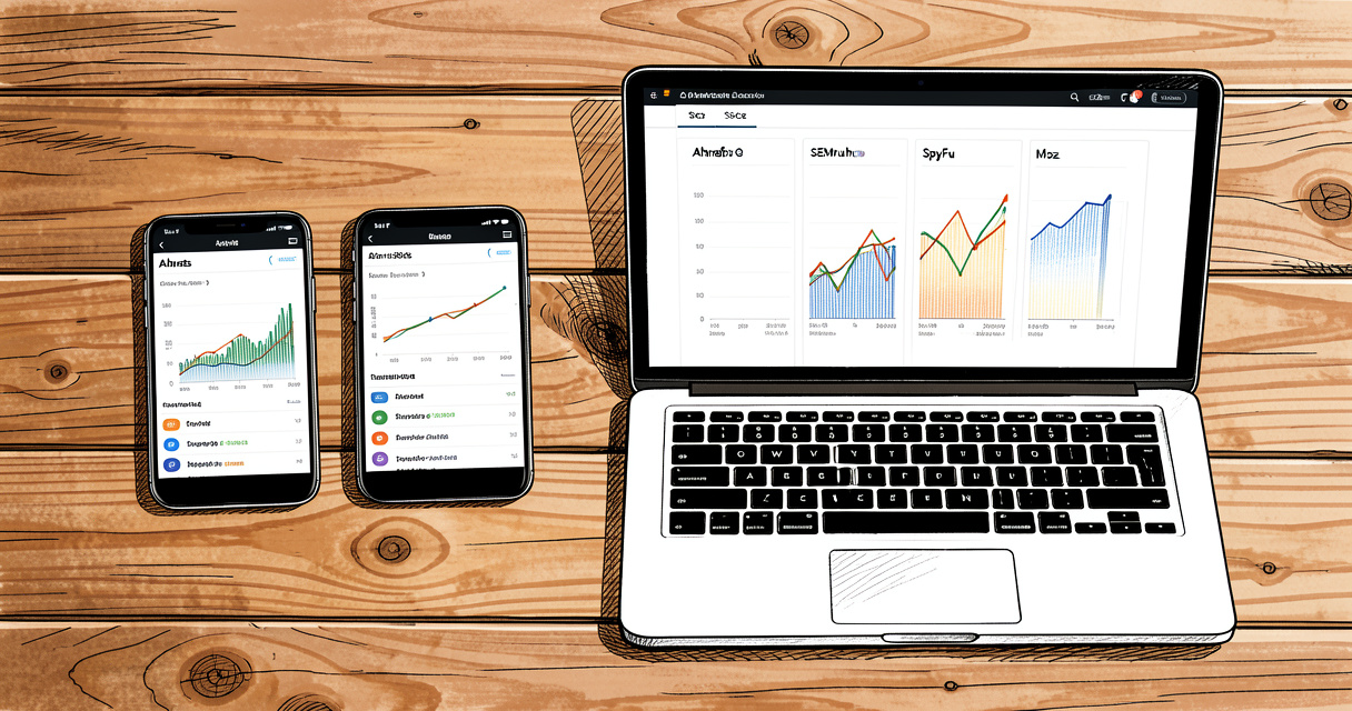 SEO tools comparison flat lay with Ahrefs SEMrush SpyFu Moz dashboards on devices