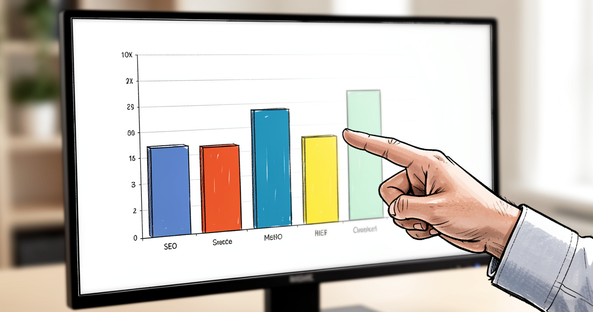 Hand pointing at monitor displaying SEO tool comparison bar chart with four metrics