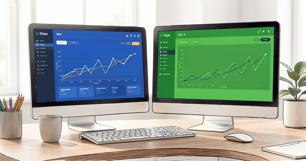 Similarweb and Semrush comparison on two monitors showing traffic and SEO data