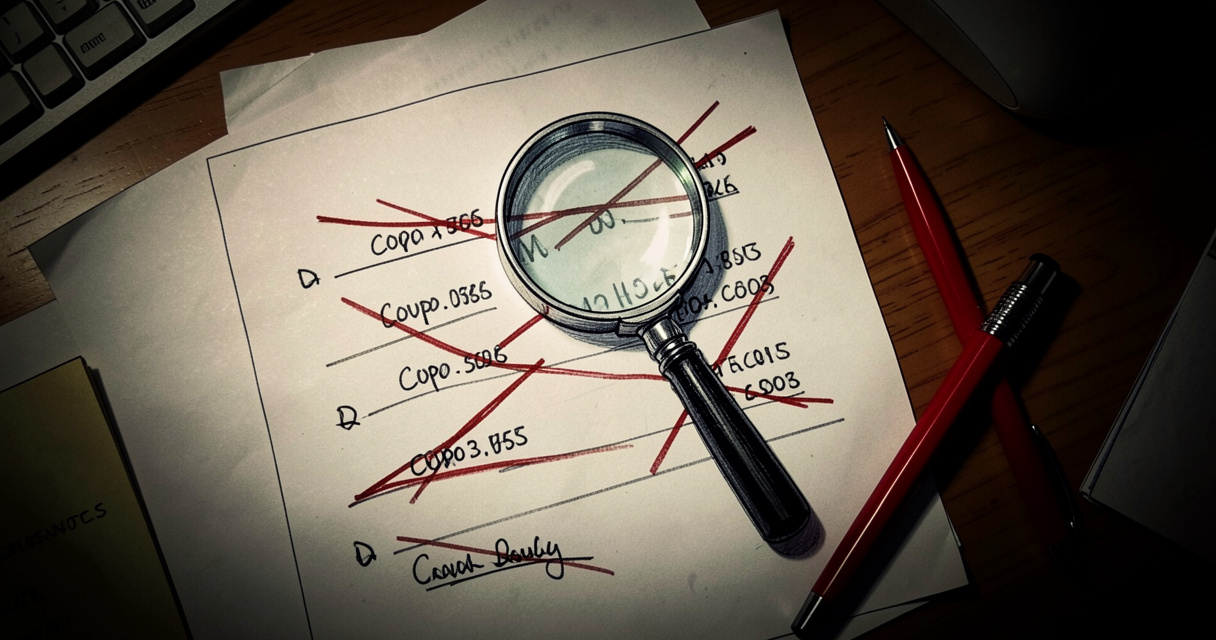 Fake Ahrefs coupon codes inspected with a magnifying glass on a desk
