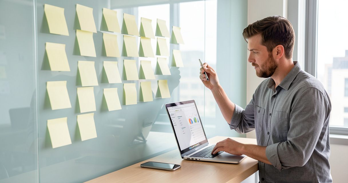 Designer and developer planning a Shopify store with blank sticky notes