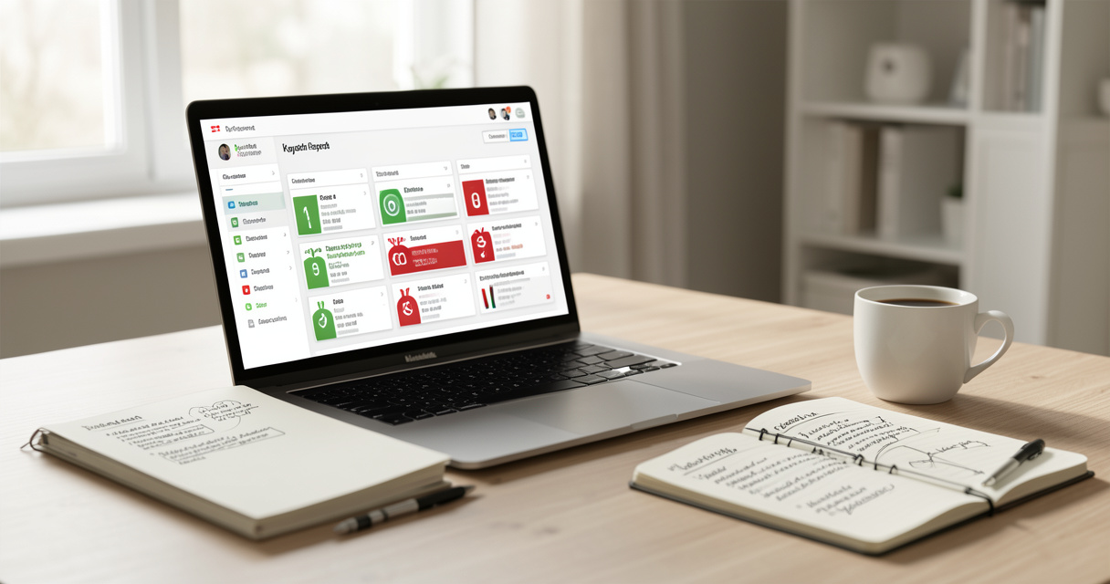 SEO keyword research dashboard comparison on a laptop screen