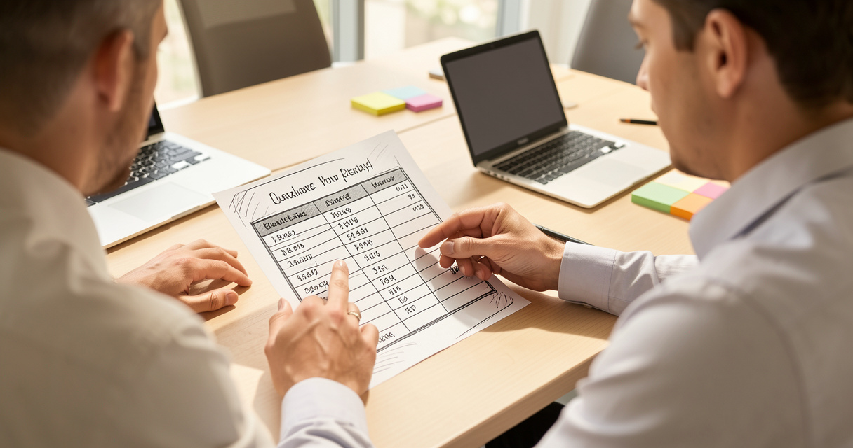 Agency team reviewing an SEO tool comparison chart at a desk