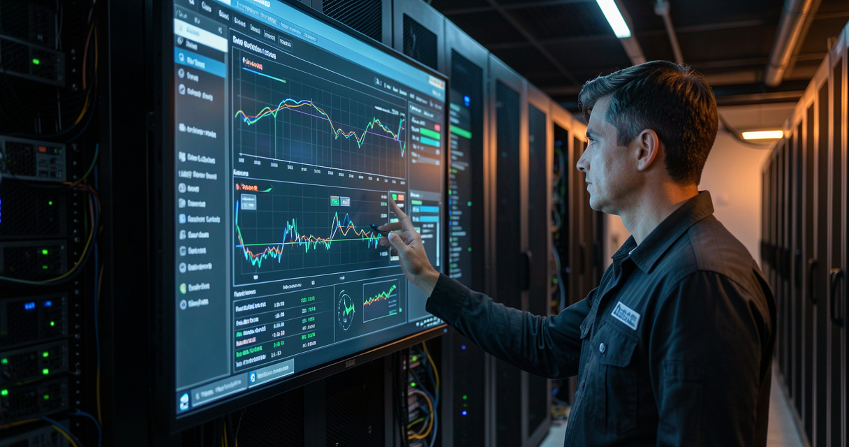 Technician analyzing SEO crawler traffic in a data center server room